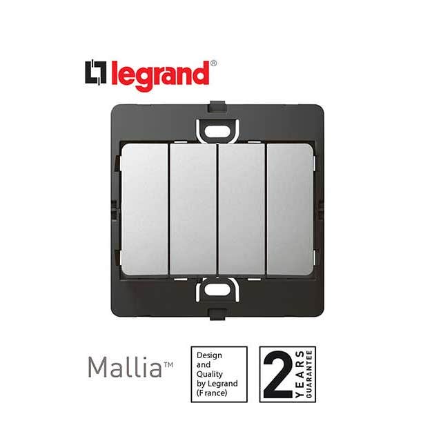 LEGRAND - Single Pole Switch Mallia, 4 Gang, 1 Way, 10 AX, 250 V~, Silver