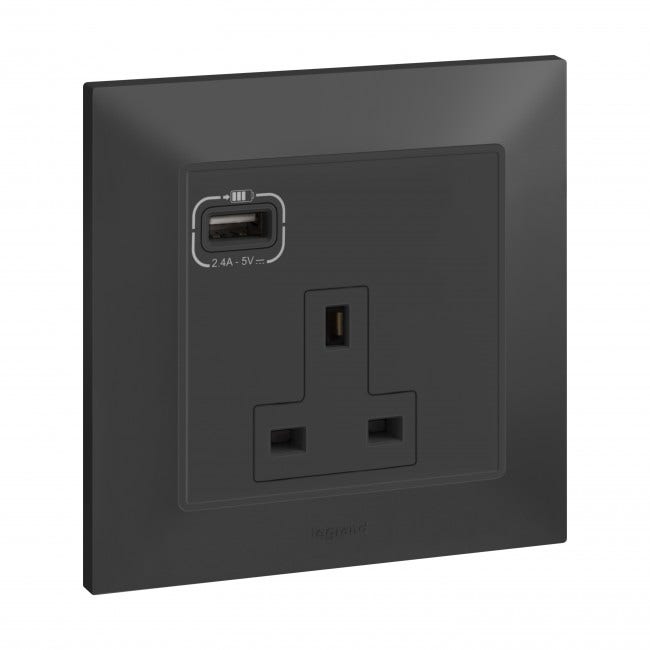 LEGRAND - British standard socket outlet with USB Type-A charger Belanko S - 13A x 250V~ 1 gang unswitched - anthracite