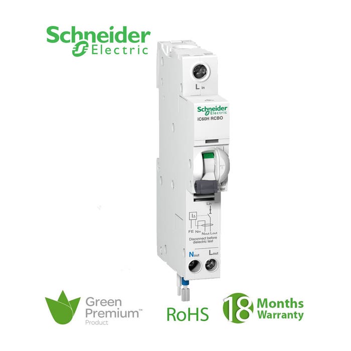 SCHNEIDER - RCBO Breaker, Acti9 iC60H, Earth Leakage, 1P + N, C curve, 20A, 100mA, 240 V