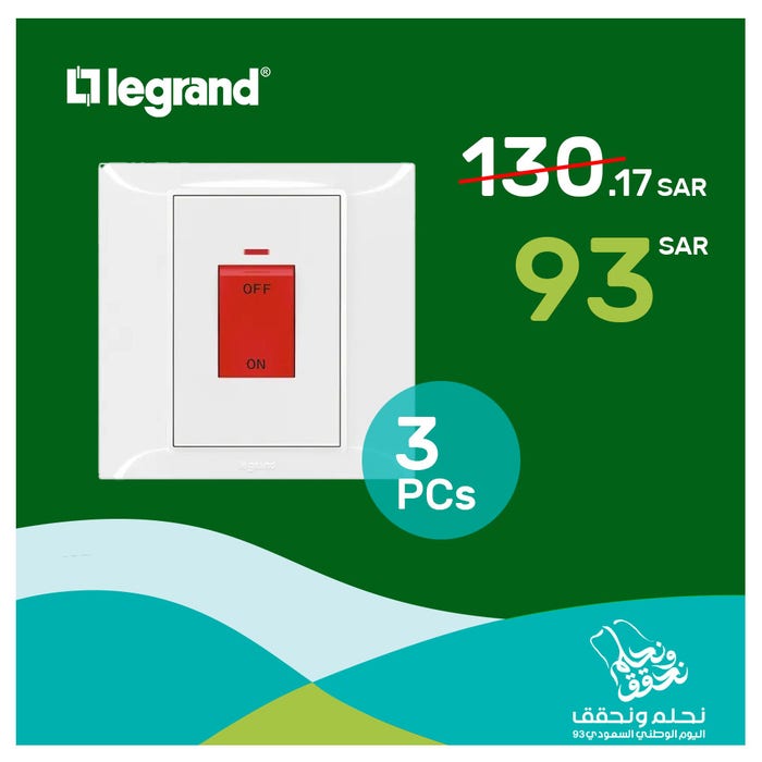LEGRAND - Double pole switch Belanko S - 45A x 250V~ 1 gang - 1-way switch + red neon indicator - White