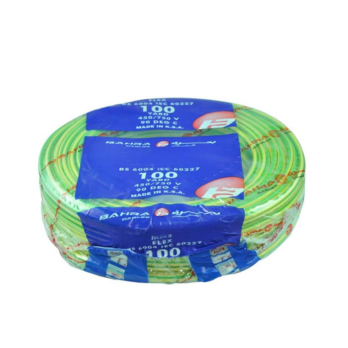 BAHRA CABLES - British Standard, Flexible NYA Wire, 1X4mm, 450/750V, Green/Yellow