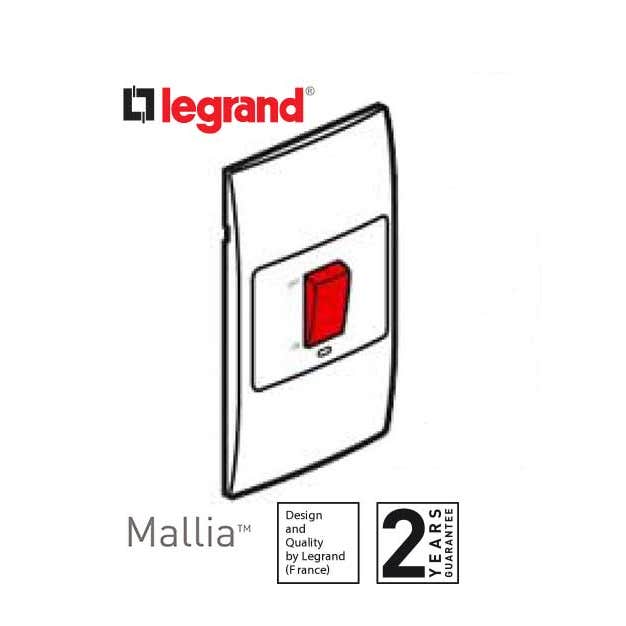 LEGRAND - Double Pole Vertical Switch Mallia, 2 Gang, 1 Way, Red Indicator, 45A, 250V~, White