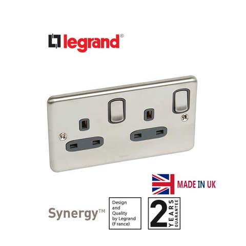 LEGRAND - Double Pole British Std Synergy -2 Gang switched -13A -250V~ -Auth. Brush. Stain. Steel